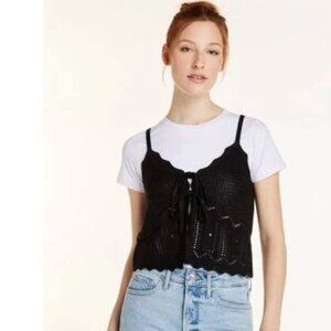 NO BOUNDARIES WOMENS JUNIOR'S SIZE L (11 / 13 ) VEST BLACK CROCHET TIE FRONT NWT